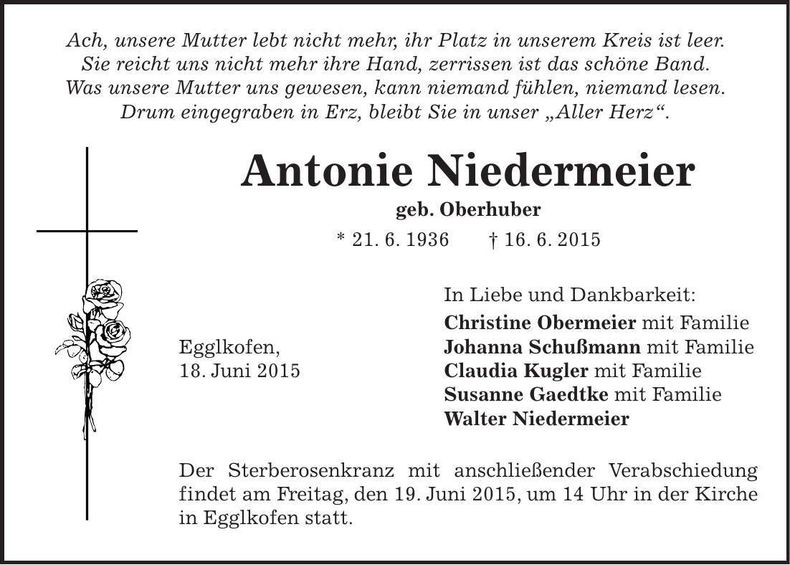 Traueranzeige Antonie Obermeier