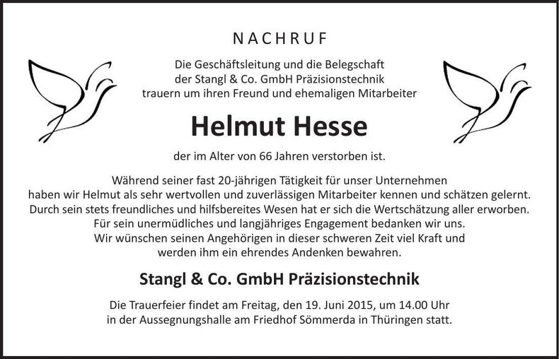 Traueranzeige Helmut Hesse