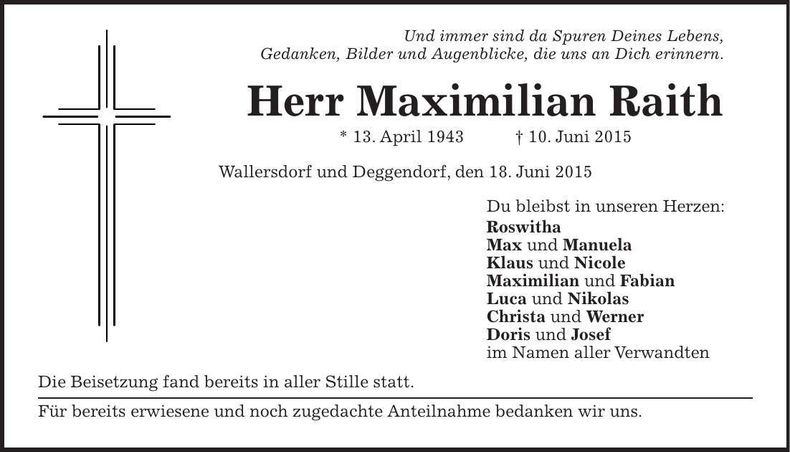 Traueranzeige Maximilian Raith