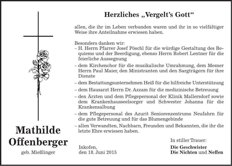 Traueranzeige Mathilde Offenberger