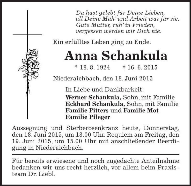 Traueranzeige Anna Schankula