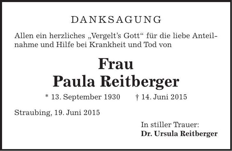 Traueranzeige Paula Reitberger