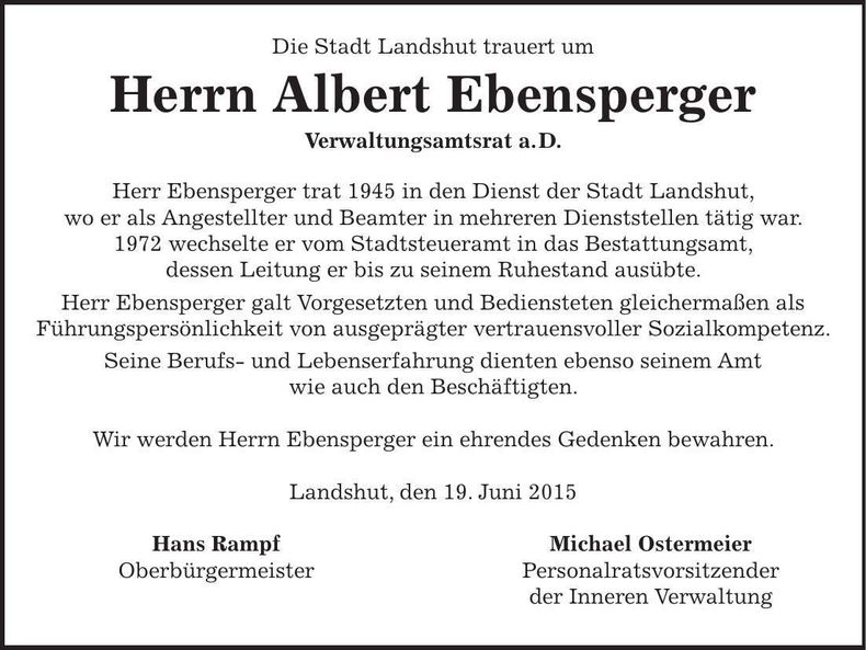 Traueranzeige Albert Ebensperger