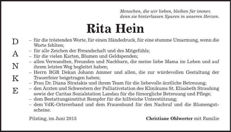 Traueranzeige Rita Hein