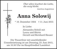 Traueranzeige Anna Solowij