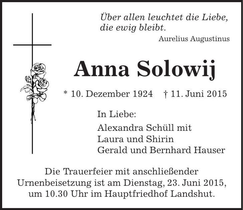 Traueranzeige Anna Solowij