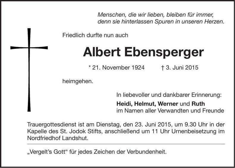 Traueranzeige Albert Ebensperger