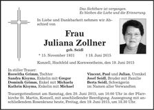 Traueranzeige Juliana Zollner