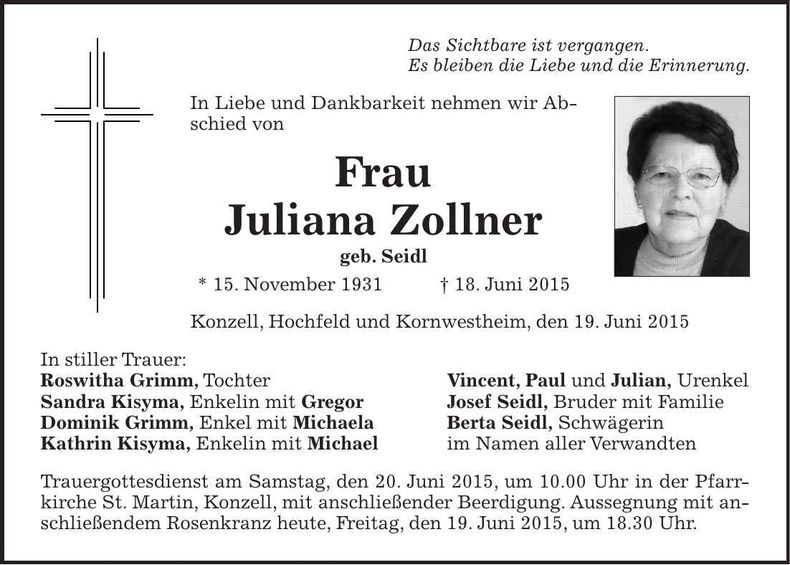 Traueranzeige Juliana Zollner