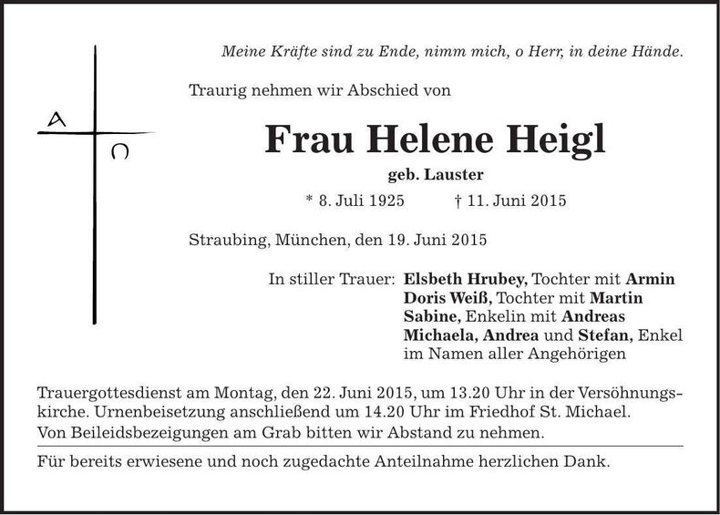 Traueranzeige Helene Heigl