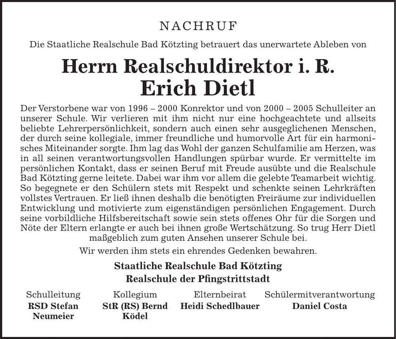 Traueranzeige Erich Dietl