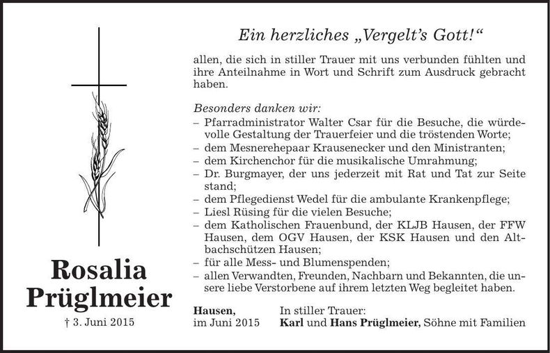 Traueranzeige Rosalia Prüglmeier
