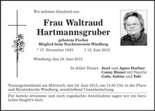 Traueranzeige Waltraud Hartmannsgruber