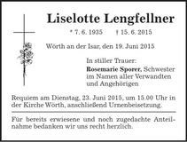 Traueranzeige Liselotte Lengfellner