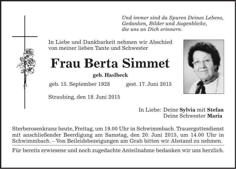 Traueranzeige Berta Simmet