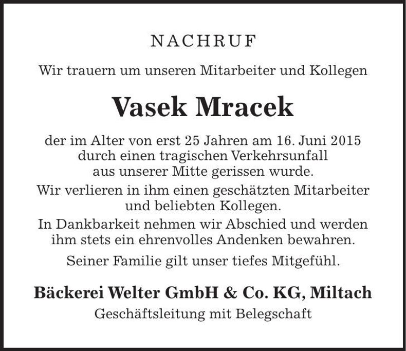 Traueranzeige Vasek Mracek