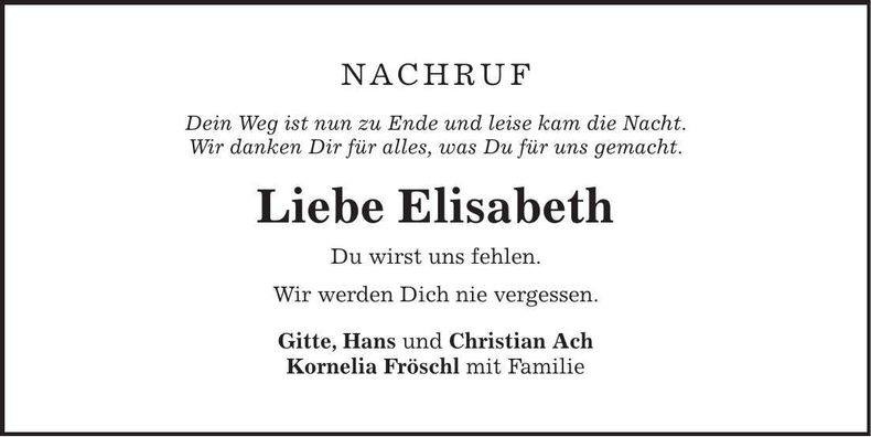 Traueranzeige Elisabeth Mroncz