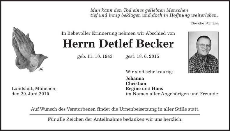 Traueranzeige Detlef Becker