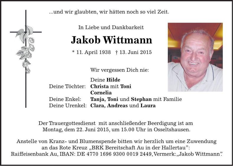 Traueranzeige Jakob Wittmann