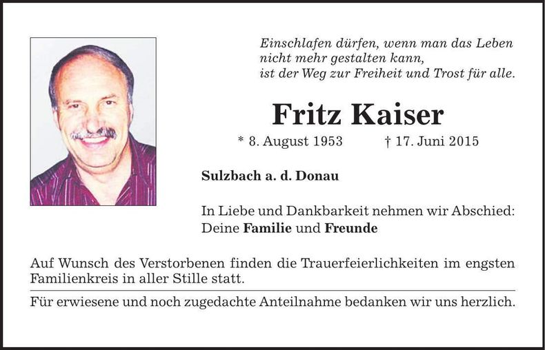 Traueranzeige Fritz Kaiser