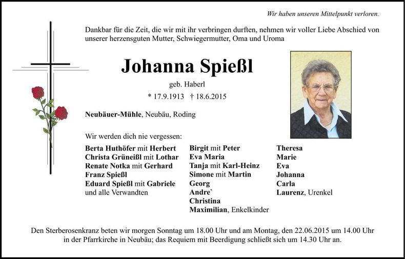 Traueranzeige Johanna Spießl