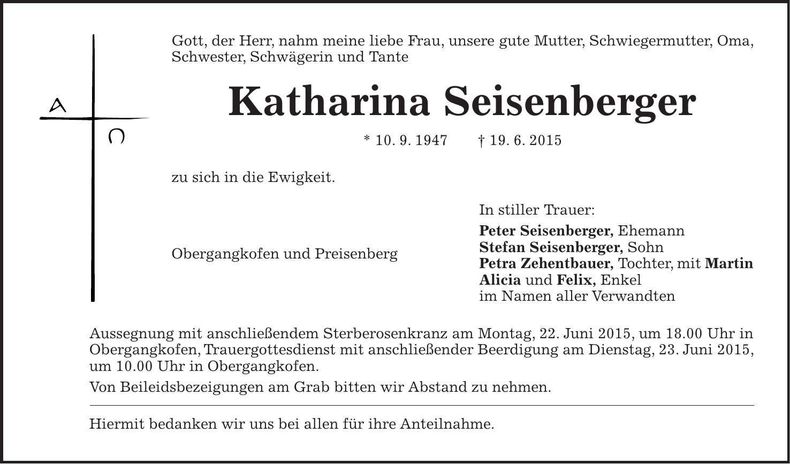 Traueranzeige Katharina Seisenberger
