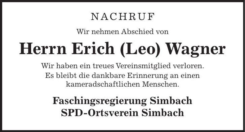 Traueranzeige Erich (Leo) Wagner