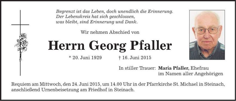 Traueranzeige Georg Pfaller