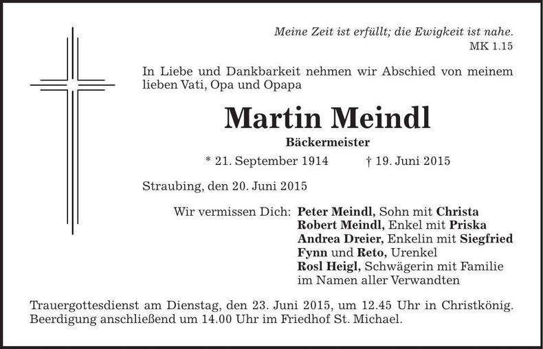Traueranzeige Martin Meindl