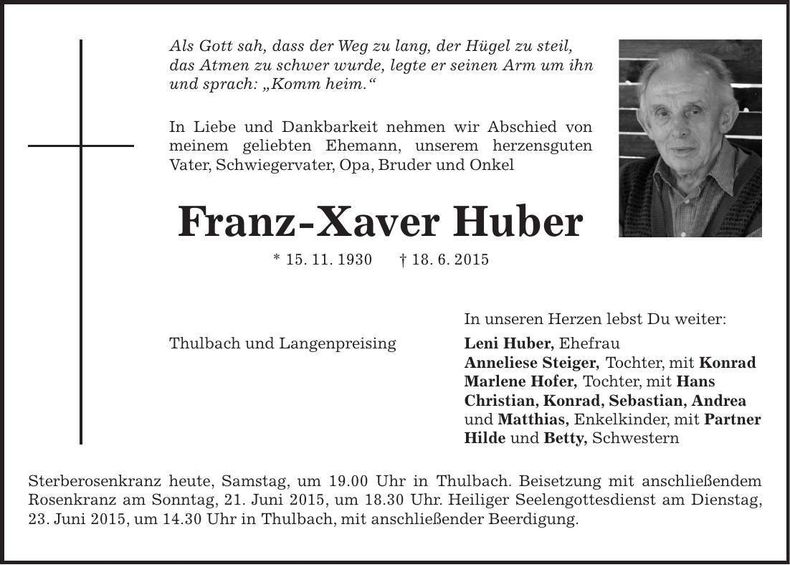 Traueranzeige Franz-Xaver Huber