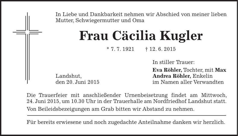 Traueranzeige Cäcilia Kugler
