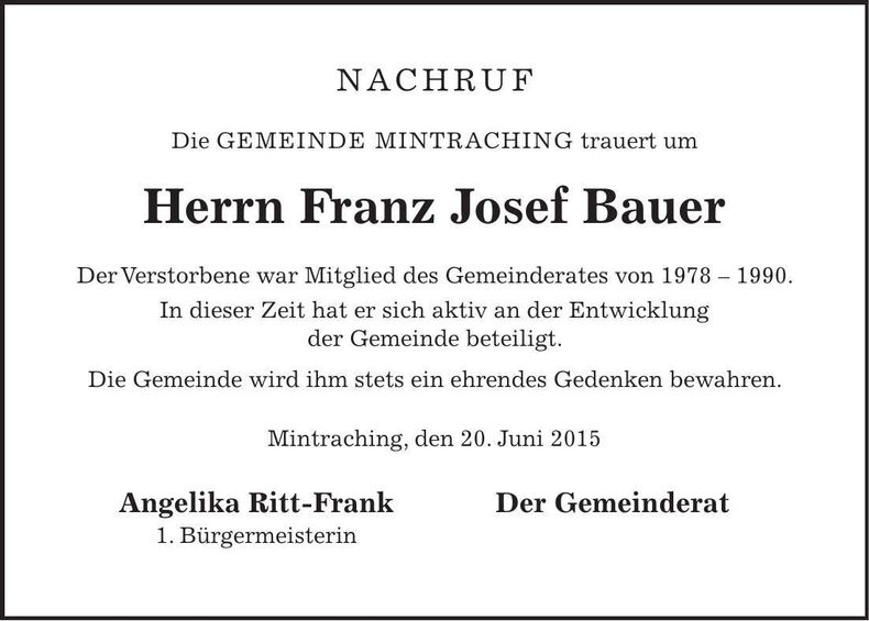 Traueranzeige Franz Josef Bauer