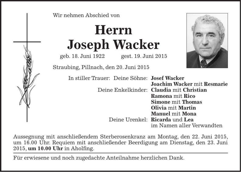 Traueranzeige Joseph Wacker