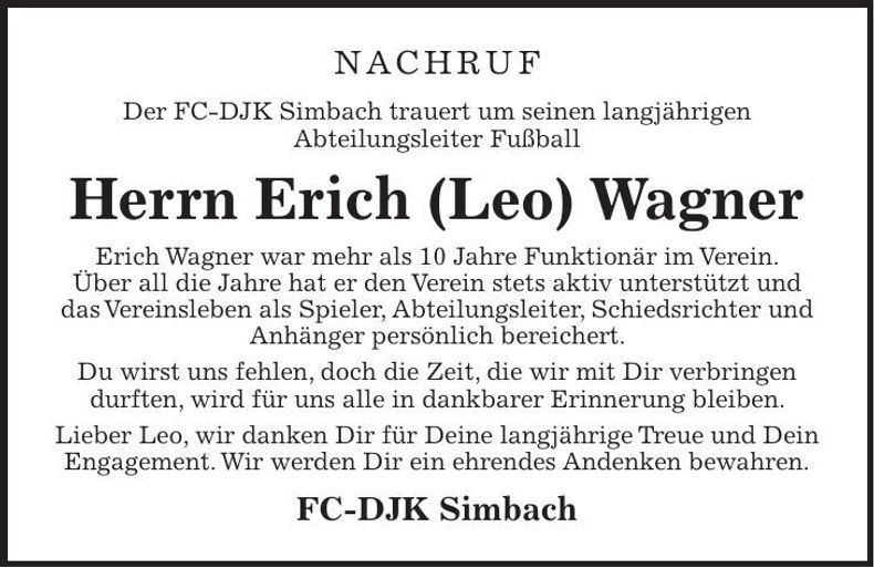 Traueranzeige Erich (Leo) Wagner