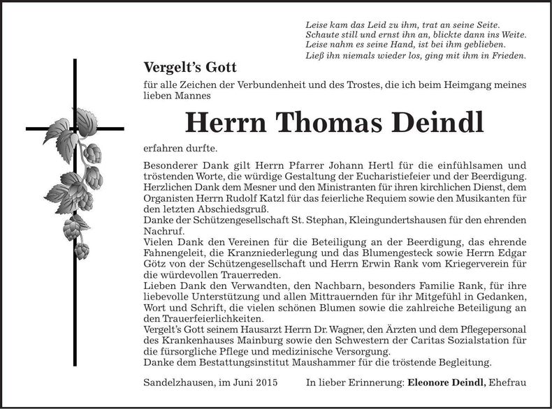 Traueranzeige Thomas Deindl