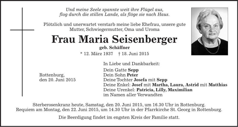 Traueranzeige Maria Seisenberger