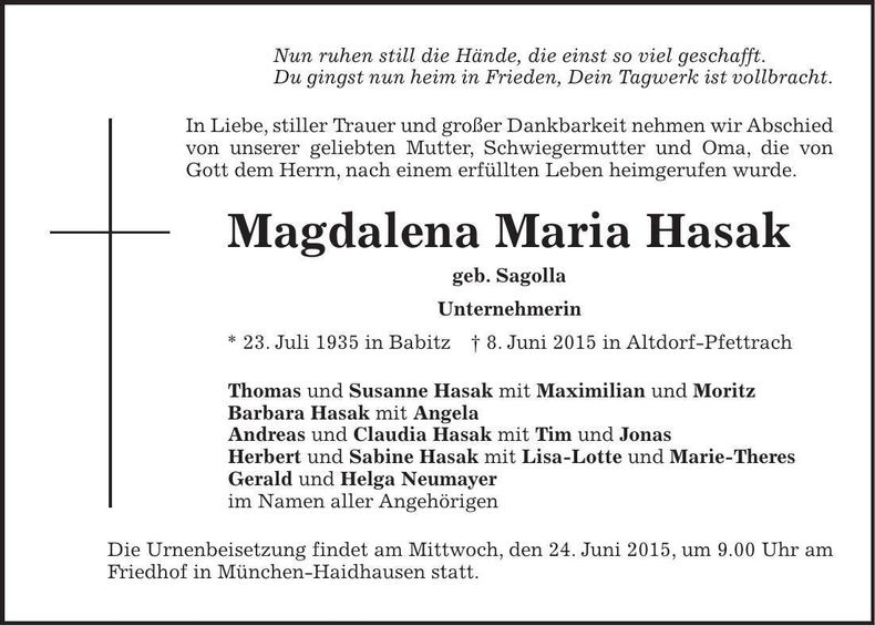 Traueranzeige Magdalena Maria Hasak
