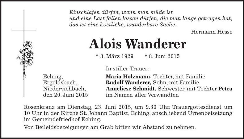 Traueranzeige Alois Wanderer