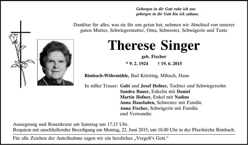 Traueranzeige Therese Singer