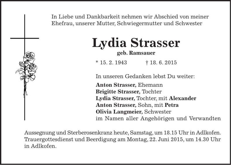 Traueranzeige Lydia Strasser