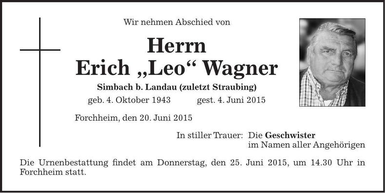 Traueranzeige Erich "Leo" Wagner