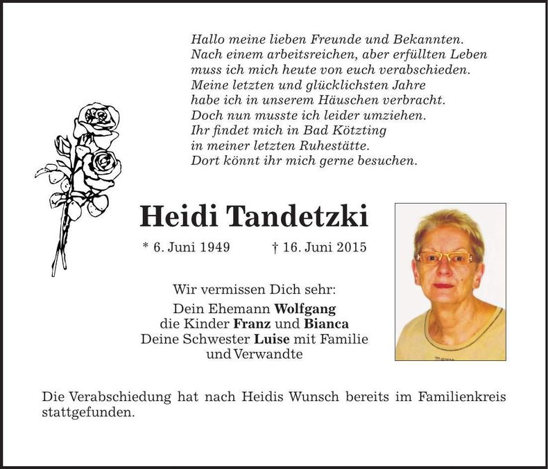 Traueranzeige Heidi Tandetzki