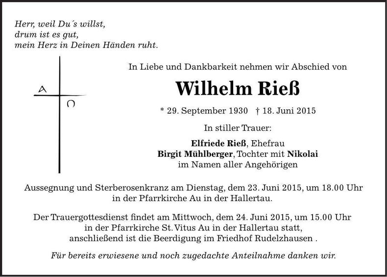 Traueranzeige Wilhelm Rieß