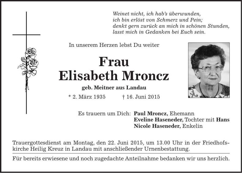 Traueranzeige Elisabeth Mroncz