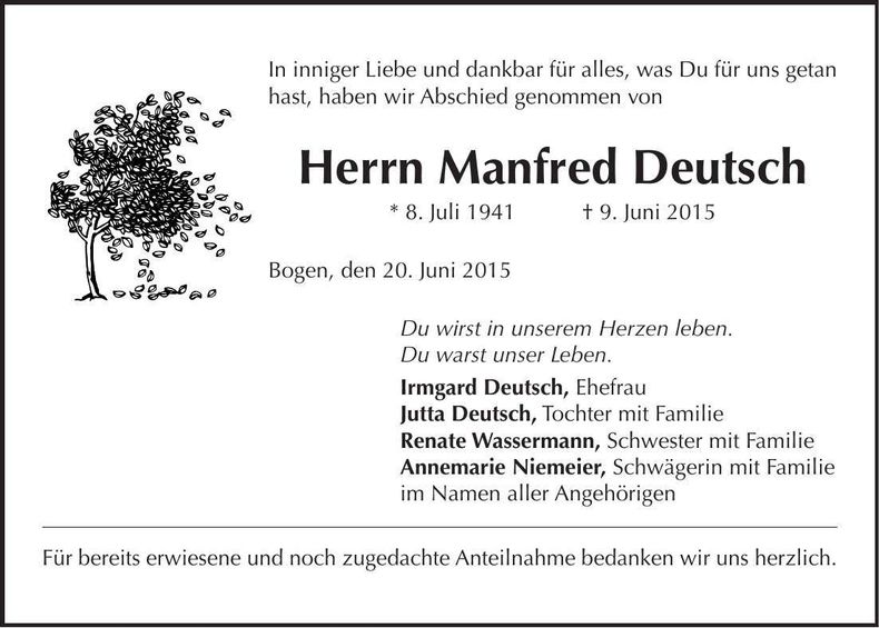 Traueranzeige Manfred Deutsch