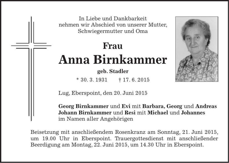 Traueranzeige Anna Birnkammer