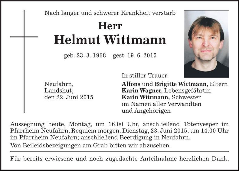 Traueranzeige Helmut Wittmann