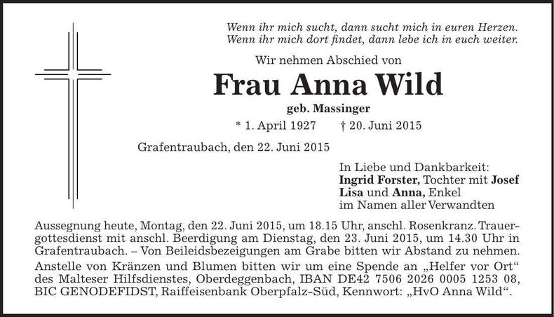 Traueranzeige Anna Wild