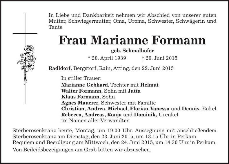 Traueranzeige Marianne Formann