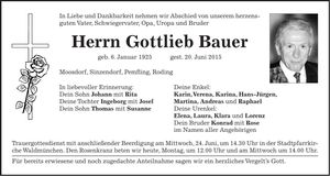 Traueranzeige Gottlieb Bauer